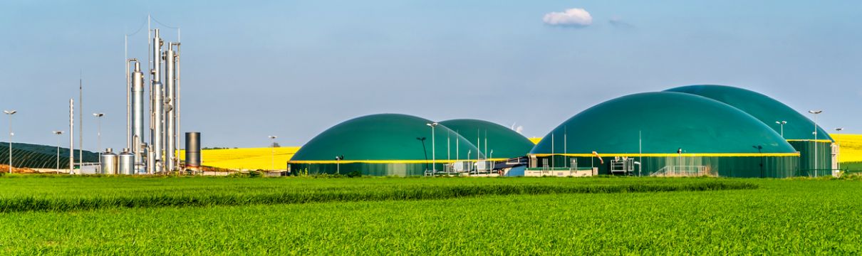 eine Biogasanlage umgeben von Feldern