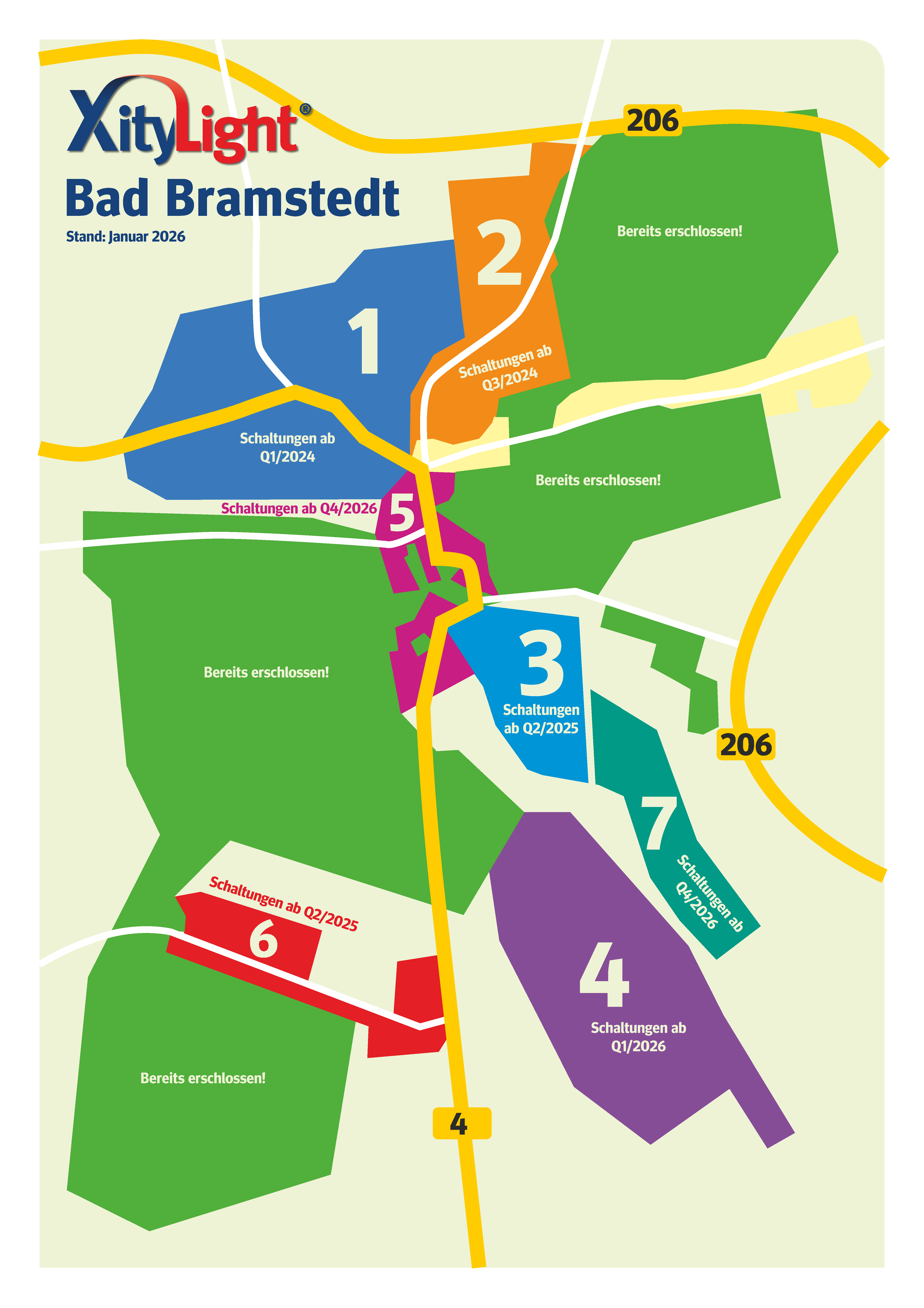 Übersichtskarte der einzelnen Glasfaser-Bauabschnitte mit Hinweisen zu möglichen ersten Schaltungsterminen.